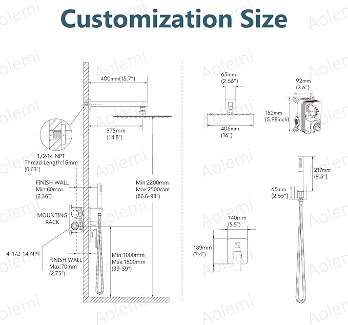Aolemi Shower Faucet Set, High Pressure Shower System with 2-in-1 Handheld Sprayer, Wall Mount Fixture Combo with Rough-in Valve, 16 Inch Shower Head, Matte Black