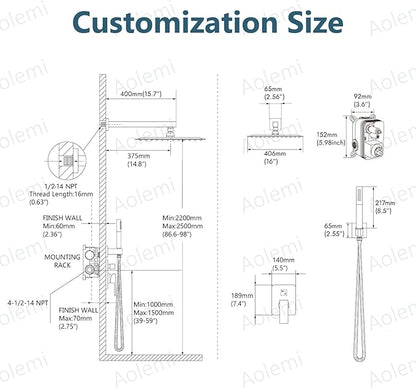 Aolemi Shower Faucet Set, High Pressure Shower System with 2-in-1 Handheld Sprayer, Wall Mount Fixture Combo with Rough-in Valve, 16 Inch Shower Head, Matte Black