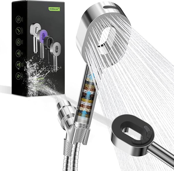 Hibbent Filtered Showerhead with handheld, High Pressure 5 Sprays Handheld Shower Head with Brass Holder& 71" Metal Hose, Water Softener for Hard Water-Remove Chlorine, Reduces Dry Itchy Skin, Chrome