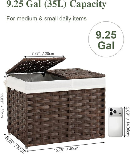 Storage Basket with Lid Woven Wicker Baskets with 2 Separate Lid, 9.2 Gallon (35 L) Wicker Storage Bins with Handles, Foldable and 2 Removable Liner Bags for Bedroom, Laundry Room Brown
