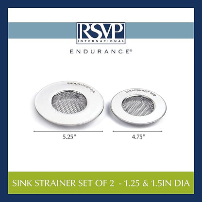 RSVP International Stainless Steel Kitchen Sink Strainer, Food Scrap Trap, Dishwasher Safe, Stainless Steel, Strainer Set of 2 Assorted