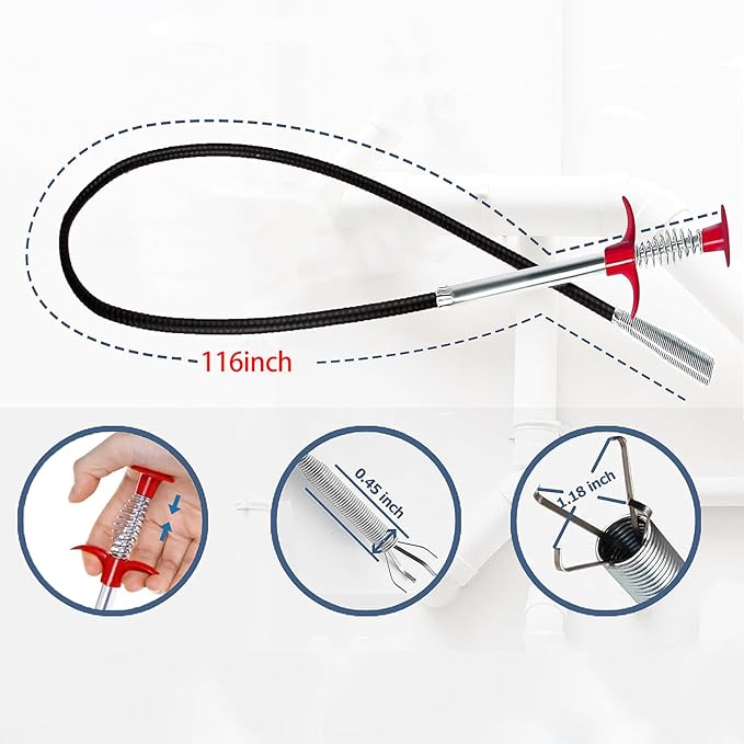 116 Inch Drain Snake with 4 Claws, Flexible Hair Drain Clog Remover Tool, Plumbing Snake Drain Auger for Sink, Shower, Toilet, Bathtub, Drain Grabber Tool for Pipe Unclogging