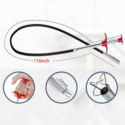116 Inch Drain Snake with 4 Claws, Flexible Hair Drain Clog Remover Tool, Plumbing Snake Drain Auger for Sink, Shower, Toilet, Bathtub, Drain Grabber Tool for Pipe Unclogging