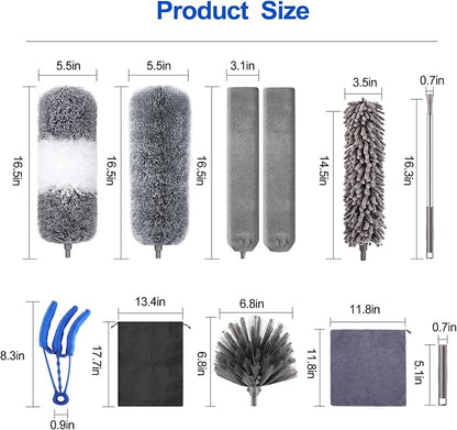 Microfiber Duster Kit (11PCS) - Washable Dusters with Extension Pole (30 to 100 in) for Cleaning Ceilings, Fans, Furniture