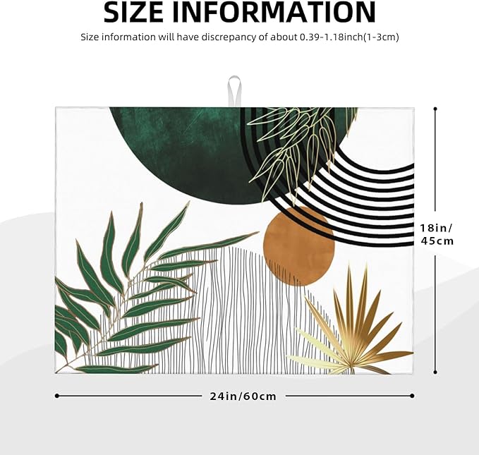 Mid Century Dish Drying Mat 18x24 Inch Boho Green Gold Tropical Leaf Sunset Kitchen Decoration Drying Mat Modern Abstract Decorative Drying Pad for Home Kitchen Decor,Dining Room,Office