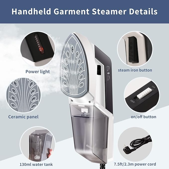 HOMETOP Handheld Steamer for Clothes, 30-Second Fast Heat-up, 1300W Powerful Garment and Fabric Steamer, Removes Wrinkle, Portable Steam Iron for Home and Travel