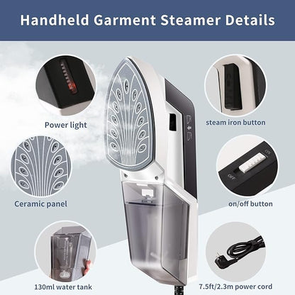 HOMETOP Handheld Steamer for Clothes, 30-Second Fast Heat-up, 1300W Powerful Garment and Fabric Steamer, Removes Wrinkle, Portable Steam Iron for Home and Travel