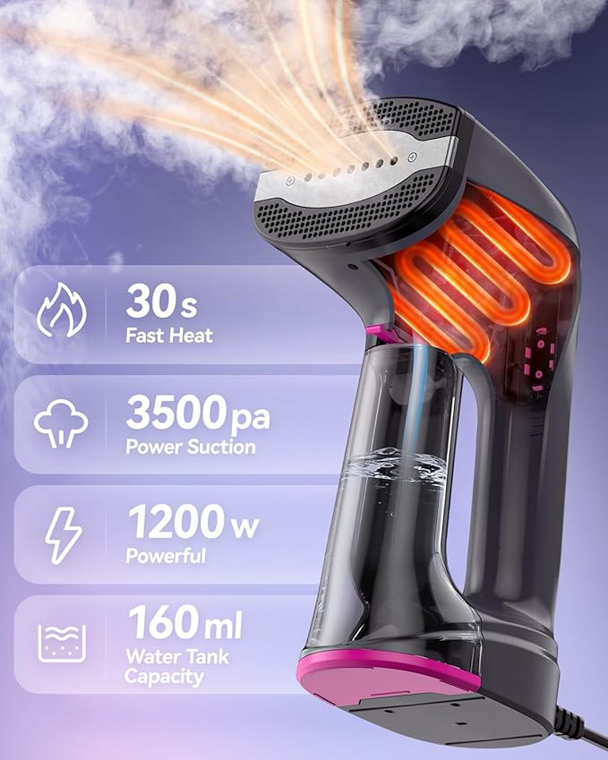 Vacuum Steamer for Clothes,3500Pa Suction Handheld Clothes Steamer,LED Display, Multiple Mode Adjustment,Steaming & Ironing 2 in 1,Portable Steamer No Board Needed, 160ml Water Tank (for 110‑120V)