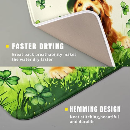 St Patrick's Day Dog Dish Drying Mat 16x18 inch Green Shamrock Dishes Pad Absorbent Microfiber Dish Drainer Mat for Kitchen Counter Coffee