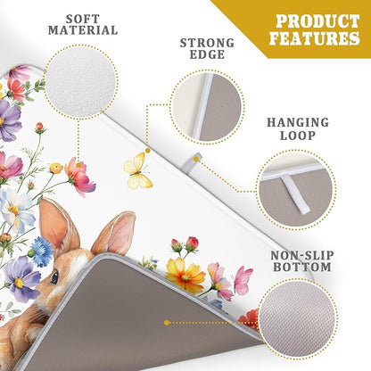 Spring Easter Rabbit Egg Dish Drying Mat for Kitchen Counter,Colorful Flowers Butterfly Drying Mat 18 x 24 Inch with High Absorbent Microfiber Drainer Mat for Coffee Bar