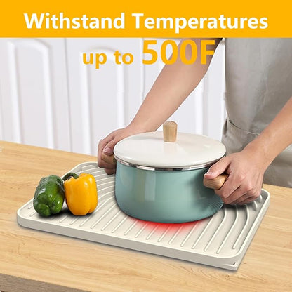 Silicone Drying Mat for Kitchen Counter , Dish Drying Rack Matt with Built in Drain, Small Dry Mats for Dishes Drying Pad for Kitchen Counter (14.6×11inch, cream)