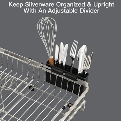MAJALiS Expandable Stainless Steel Over The Sink Dish Drying Rack for Small Kitchen Counter Space Saving, Compact RV Plate Drainer Strainer in Silver Wire Metal with Hanging Adjustable Utensil Holder