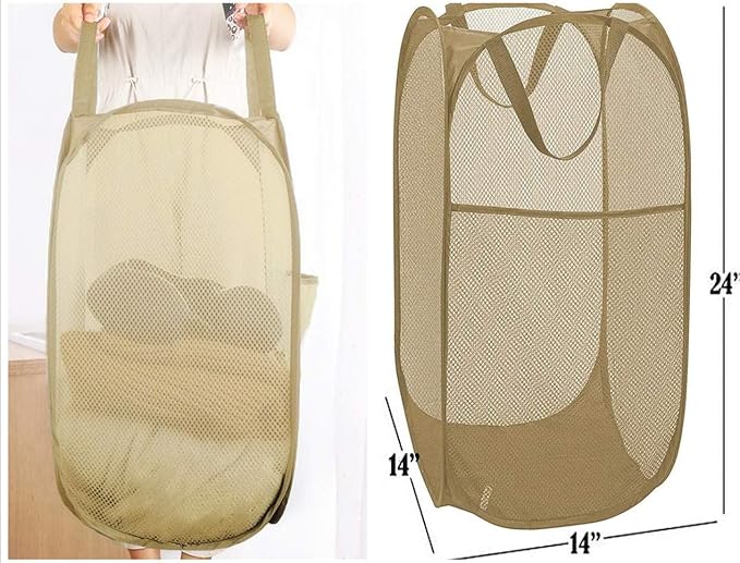 Sturdy Collapsible Big Mesh Laundry Basket Large Clothes Hamper With Handles Portable Room Closet Storage Organizer Beige