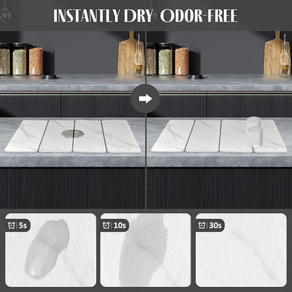 Large Stone Dish Drying Mats for Kitchen Counter, 24"(L)×16"(W) Marble pattern, Drying Collapsible Dish Drying Mat, Eco-Friendly Absorbent Diatomaceous Earth Mats for Dishes Bottles Cups