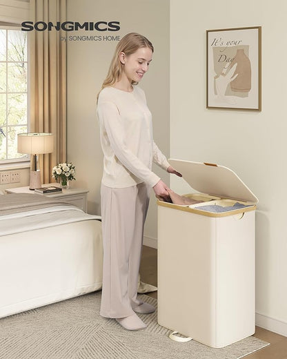 SONGMICS Laundry Hamper, Laundry Sorter with Lid, Storage Basket Bin, Removable Liners, Bamboo Frame, for Bedroom, 2 Sections, 39.6 Gal. (150 L), Cream White ULCB532WD01