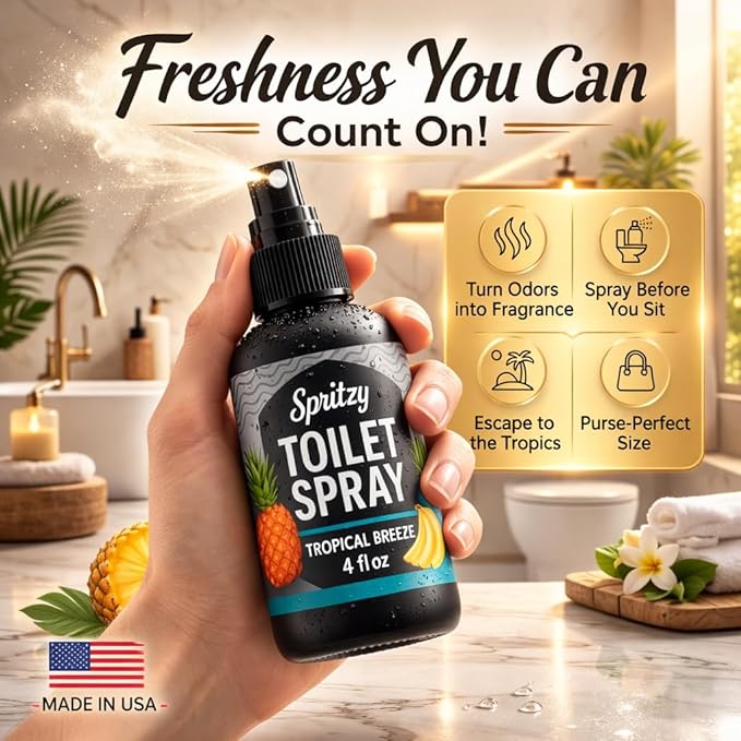 Toilet Spray (4 fl oz) | 600+ Sprays | Bathroom Spray w/Many Scents – Restroom & Bathroom Odor Eliminator – Essentials for a Fresh, Confident Bathroom (Tropical Breeze)