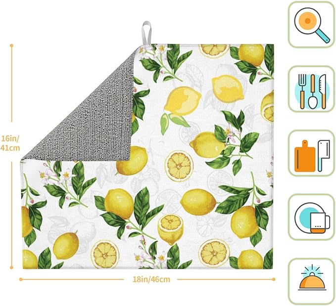 Lemon And Leaves Dish Drying Mat, Highly Absorbent Microfiber Kitchen Counter Pad Reusable Washable, 16*18"