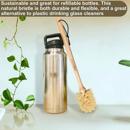 Bottle Brush with Strong Sisal Bristles, 13-3/4 Inch Long Wood Handle Hanging Design Cleaning Brush Cleans and Scrubs Wide Mouth Jars, Glasses, Vases, Mugs and Pitchers