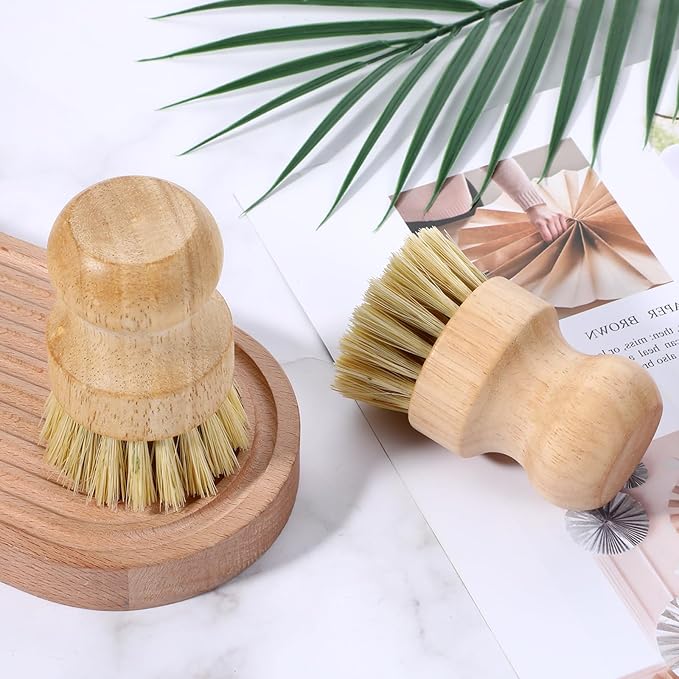 10 Pcs Bamboo Dish Scrub Brush Set, Mini Natural Wooden Scrubbers Set Round Dish Brush Vegetable Durable Scrubber Cleaning Kit for Cleaning Pot Pan Sink