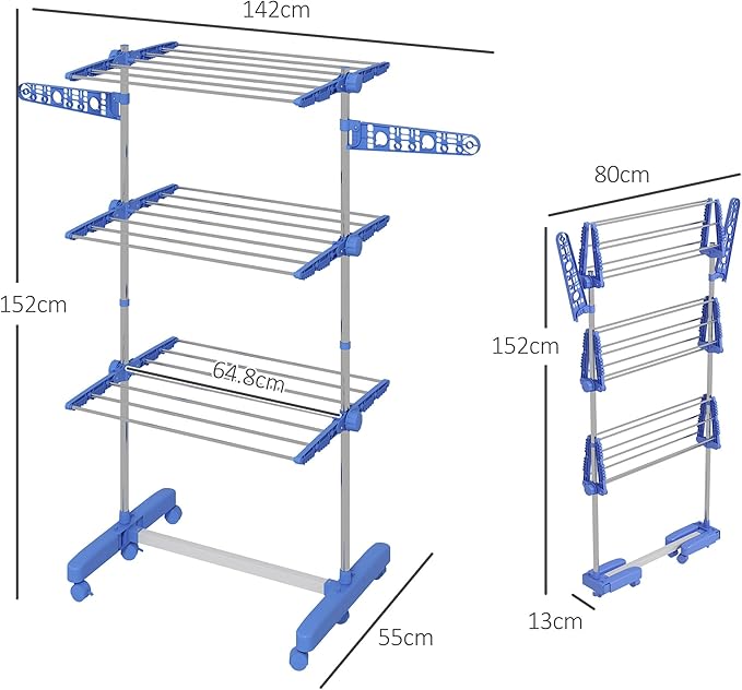HOMCOM Folding Clothes Airer in Stainless Steel and Plastic, Space-Saving Vertical Drying Rack with 6 Wheels, Hooks and 3 Adjustable Shelves for Indoors, 142 x 55 x 152 cm, Silver Blue