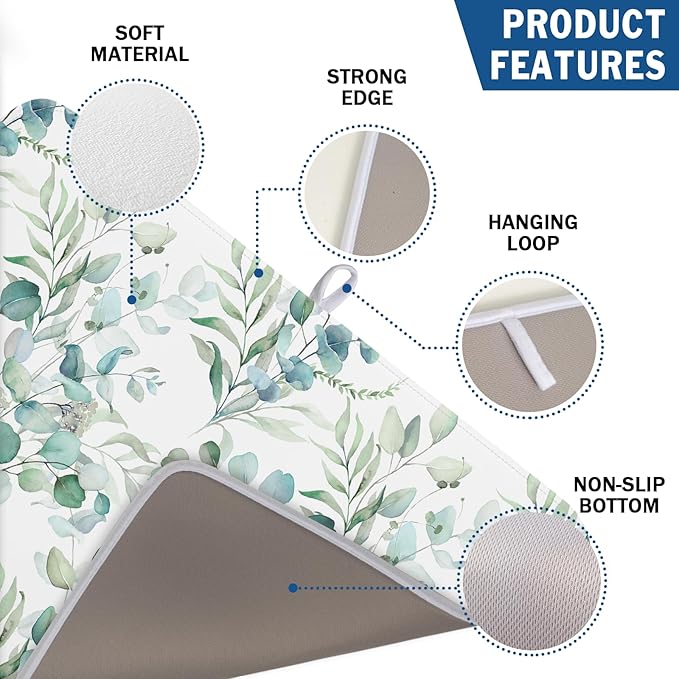 Watercolor Sage Leaves Dish Drying Mats for Kitchen Counter 16x18 Inch,Spring Leaves Kitchen Drying Mat,Sage Herbs Dishes Pad Dish Drainer Rack Mats Absorbent Fast Dry Kitchen Accessories