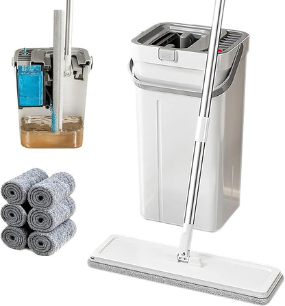 Mop and Bucket Set, Flat Mop and Bucket System with Wringer, Automatic Separates Dirty and Clean Water Include 6 Reusable Microfiber Mops for Floor Cleaning