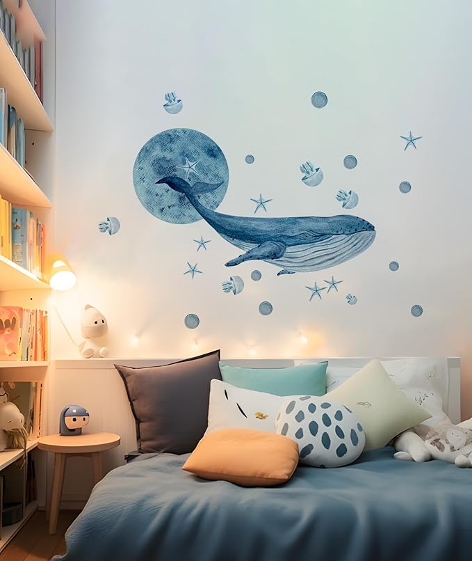 Alwayspon Blue Whale Wall Decals Vinyl Removable Wall Murals Peel and Stick Self Adhesive House Wall Sticker Decor for Bedroom Living Room Nursery