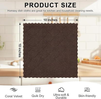 Homaxy 18 Pack Kitchen Dish Cloths (10 x 10 Inches, Brown), Super Soft and Absorbent Coral Velvet Dish Towels, Nonstick Oil Fast Drying Microfiber Cleaning Cloth, No Lint Household Dishcloths