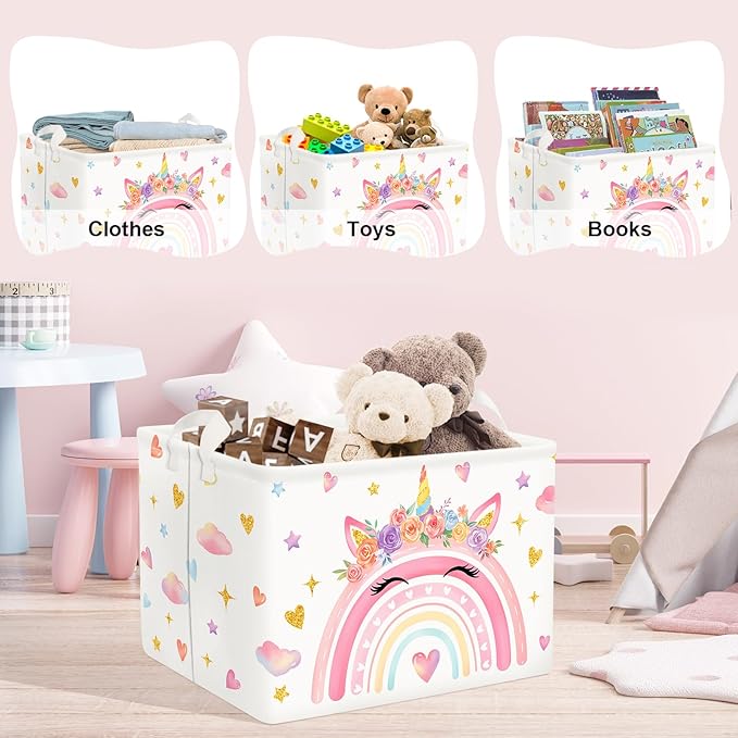 Clastyle Adorable Rainbow Laundry Basket Kids Clothes Book Storage Basket Gift Toy Box for Bedroom Decor,Unicorn,40x30x30 cm