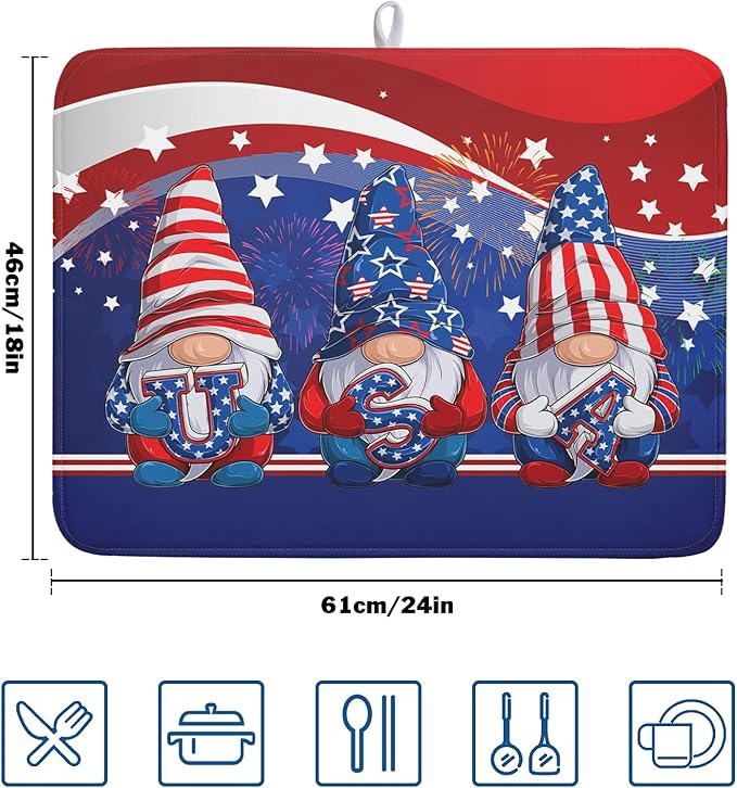 Kawani 4th of July Dish Drying Mat 18x24 Inch Spring Summer Patrioti Gnome Memorial Kitchen Mats Independece Day Absorbent Dishes Pad for Kitchen Counter Usa Stars Drying Mat Home Decor Countertops