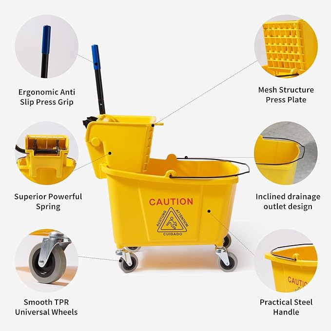 35 Quarts Commercial Mop Bucket Set with Side-Press Wringer for Floor Cleaning, Yellow, Including One Commercial Mop