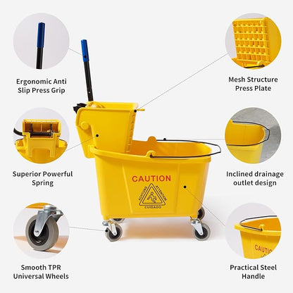 35 Quarts Commercial Mop Bucket Set with Side-Press Wringer for Floor Cleaning, Yellow, Including One Commercial Mop
