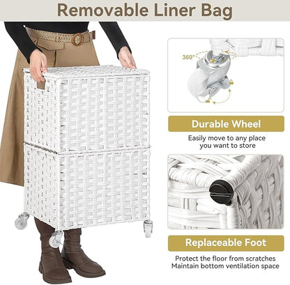 Chrislley 90L Slim Laundry Hamper with Wheels, Rolling Laundry Basket with Lid and Renovable Liner Bag, Handwoven Rattan Organizer for bedroom, bathroom, laundry room (White)