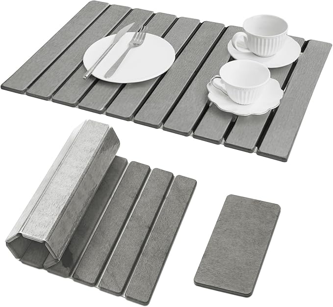 Large Stone Dish Drying Mat for Kitchen Counter, Quick Dry Stone Dishes Mats, Foldable Water Absorbing Diatomaceous Earth Drying Organizer Pad for Rack Bottles Plates(Light Gray 24"×16" & 8"x5")