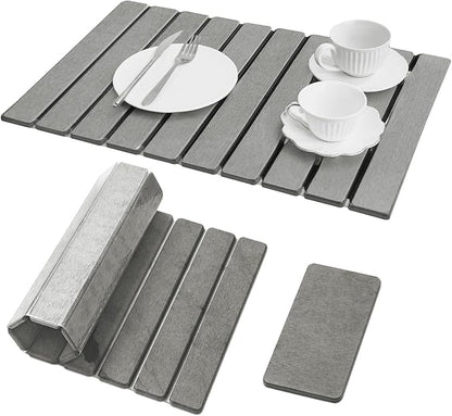 Large Stone Dish Drying Mat for Kitchen Counter, Quick Dry Stone Dishes Mats, Foldable Water Absorbing Diatomaceous Earth Drying Organizer Pad for Rack Bottles Plates(Light Gray 24"×16" & 8"x5")