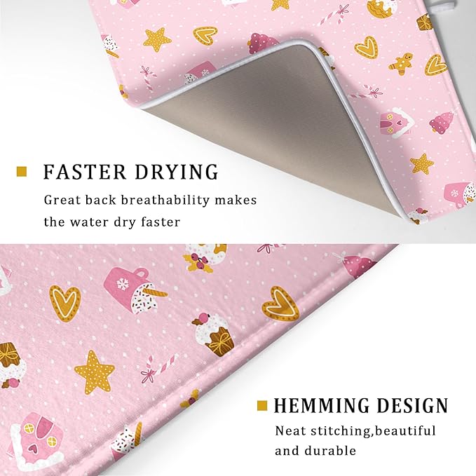Christmas Pink Dish Drying Mat 18 x 24 Inch With Absorbent Reversible Microfiber Xmas Dessert Star Heart Drying Mats Winter Holiday Dish Drainer Mat Fast Dry For Kitchen Dining Room Decoration