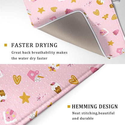 Christmas Pink Dish Drying Mat 18 x 24 Inch With Absorbent Reversible Microfiber Xmas Dessert Star Heart Drying Mats Winter Holiday Dish Drainer Mat Fast Dry For Kitchen Dining Room Decoration