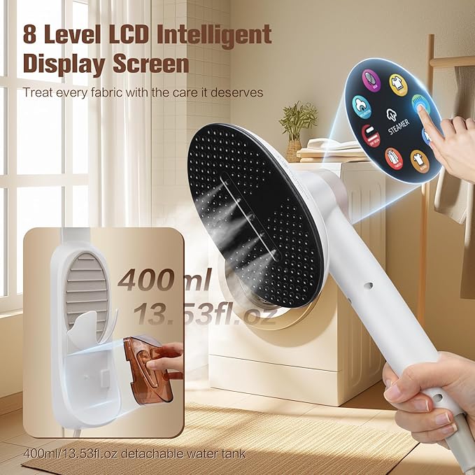2-in-1 Handheld Steamer for Clothes & lron, 1450W Portable Garment Steamer with Smart LCD Display, 400ml Large Tank,8 Steam Levels, 90° Rotating Head, Fast Heat & Auto-Off for Home/Travel