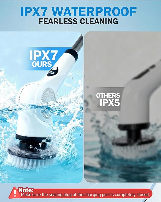 Electric Spin Scrubber, 3-Speed Cordless Shower Scrubber with 90° Adjustable & 10 Replaceable Brush Heads, 90 Mins Runtime & Full-Body IPX7 Waterproof Shower Cleaner Brush with Long Handle