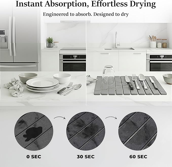 Large Stone Dish Drying Mat for Kitchen Counter 23.5”x 15.25” – Elegant Marbled-Inspired Surface Quick-Dry Absorbent Diatomaceous Earth - Multi-Use & Kitchen Mat for Dishes & Bottle Cups (Dark Gray)
