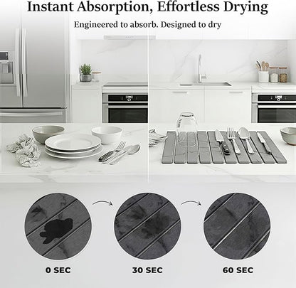 Large Stone Dish Drying Mat for Kitchen Counter 23.5”x 15.25” – Elegant Marbled-Inspired Surface Quick-Dry Absorbent Diatomaceous Earth - Multi-Use & Kitchen Mat for Dishes & Bottle Cups (Dark Gray)