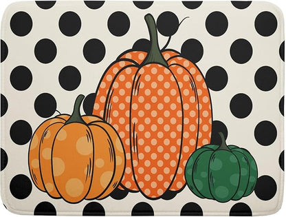 Autumn Pumpkin Dish Drying Mat for Kitchen Counter,Black Round Dot Decoration Drying Mat 18 x 24 Inch with Absorbent Reversible Microfiber Dish Drying Pad Dish Rack Drainer Mat for Coffee Bar