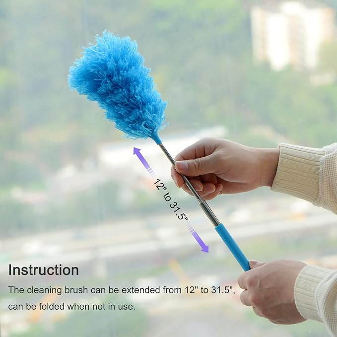 MECCANIXITY Microfiber Cleaning Duster, 14 to 35 Inch Washable Extendable Brush Flexible Feather Duster for Window Furniture, Blue