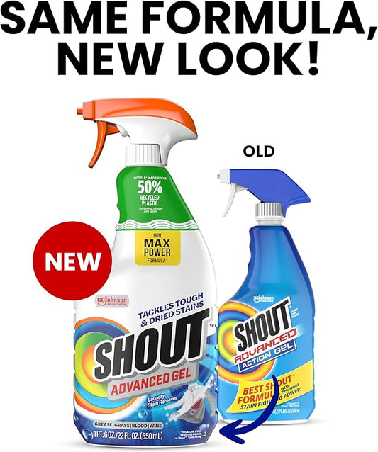 Shout Advanced Laundry Stain Remover Gel for Clothes Laundry, Breaks Down Stubborn, Dried-in, and Tough Stains, 22oz Spray, Pack of 3 (Packaging May Vary)