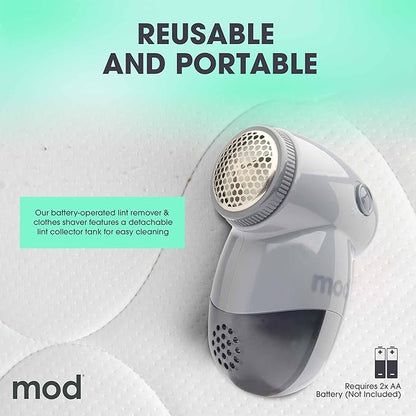 MOD 2 Pack Portable Fabric Shaver and Lint Remover, Reusable Pet Hair Remover, Roller for Clothes, Sweater Shaver, Couch, Blankets with Detachable Lint Collector Tank, Battery Operated, White/Gray
