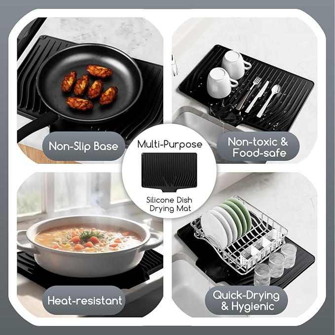 Large Premium Silicone Dish Drying Mat for Kitchen Counter - 18.5"x13" Non-Slip, Heat-Resistant (450°F) with Fast Drain & Hanging Hole, Multi-Use Kitchen Sink Drying Mat (Black)