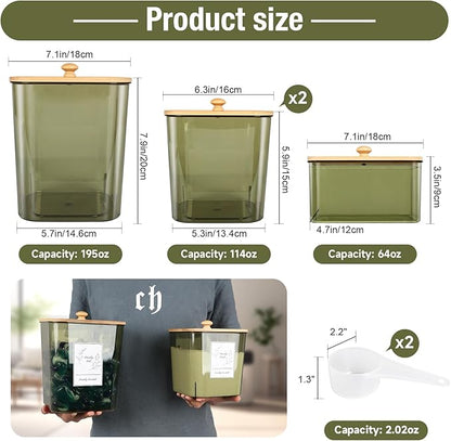 Zingbee 4 Pack Laundry Pods Container & Dryer Sheet Holder, Plastic Pod Holder with Lids & Scoops, Laundry Room Organization and Storage Sets for Powder, Detergent, Scent Booster