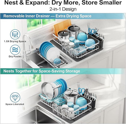 GSlife Large Capacity Expandable Dish Drying Rack with Absorbent Mat, 2-Piece Stainless Steel Dish Drainer Set for Counter with Removable Over Sink Rack, Family Size 15" W x 16.5"-21.5" L, Silver