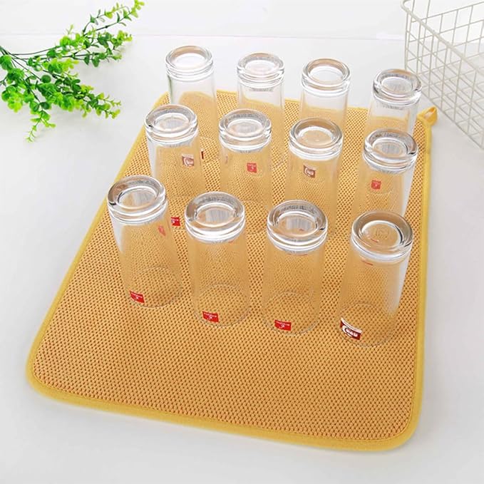 2 Pack Microfiber Dish Drying Mat, 24*18 Inch Absorbent Dish Drainer Mat for Kitchen Counter, Reversible Dish Drying Pad for Countertops, Sinks, Draining Racks (Yellow)