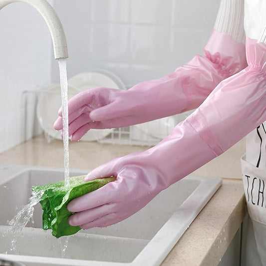 RARITYUS Household Kitchen Cleaning Gloves Waterproof Cotton Lined Dishwashing Non-Slip Long Cuff Gloves